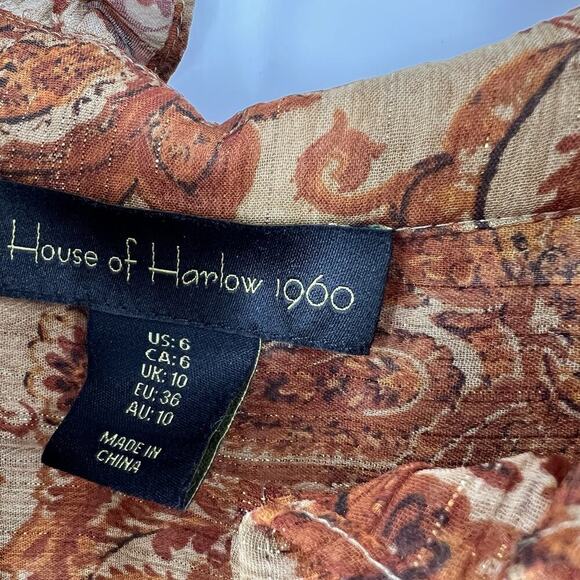 House Of Harlow 1960 Paisley Metallic Gold Ruffle Lined Dress Long Sleeve Size 6 - Picture 8 of 9